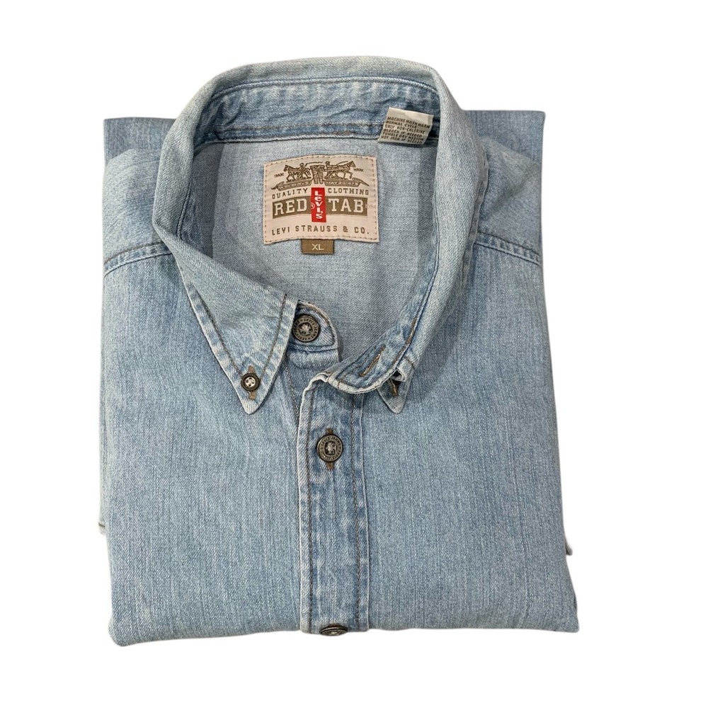 Vintage 90s Levi's Red Tab Denim Button Up Shirt Mens XL Light Wash Ranch‎